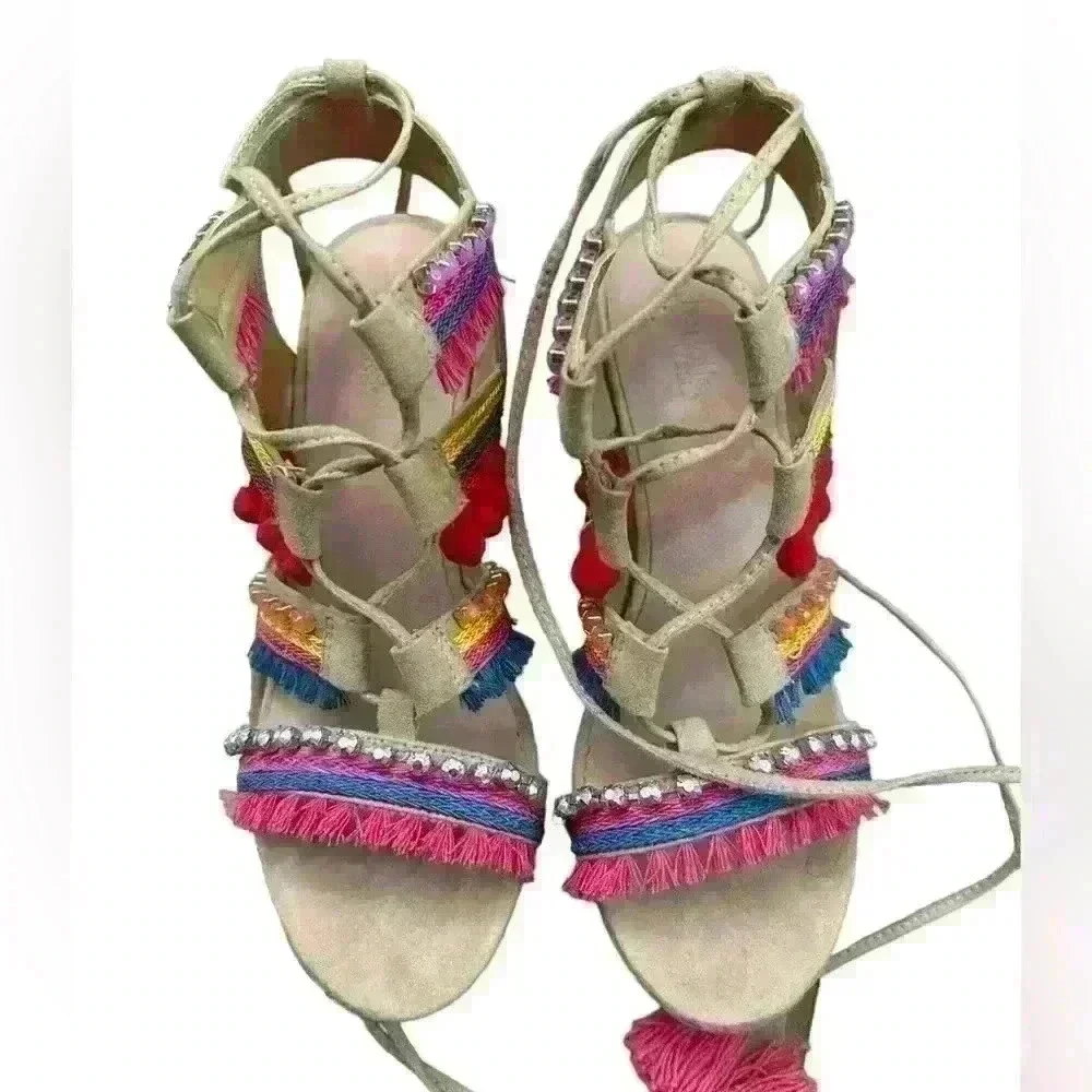 Charlotte Russe embellished Pom Pom WEDGE HEEL LACE UP SANDAL 8